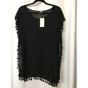 GD Key Womens Swim Cover Up Size S/M Black Sheer Scoop Neck Tassel 44X30" New A7